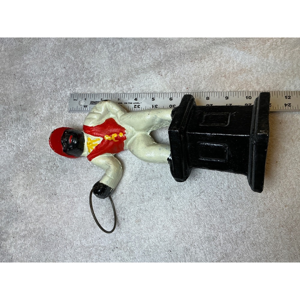 Vintage Cast Iron Lawn Jockey Hitching Post Statue Red White Black Americana 11"